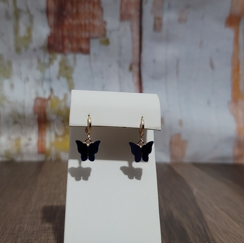 New Goldtone Navy Blue Butterfly Earrings